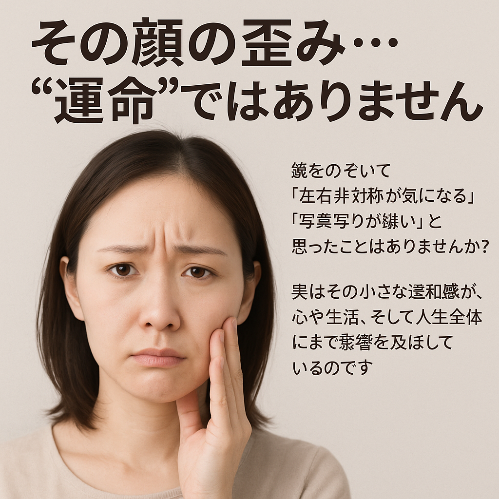 「千葉市で顔の歪み整体を探す女性　頬に手を当てて不安そうな表情をする人物と『その顔の歪み…運命ではありません』というキャッチコピー」
