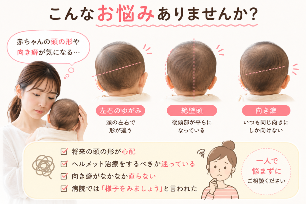 赤ちゃんの頭の左右差や向き癖、絶壁頭などのお悩みを分かりやすく示したイラスト