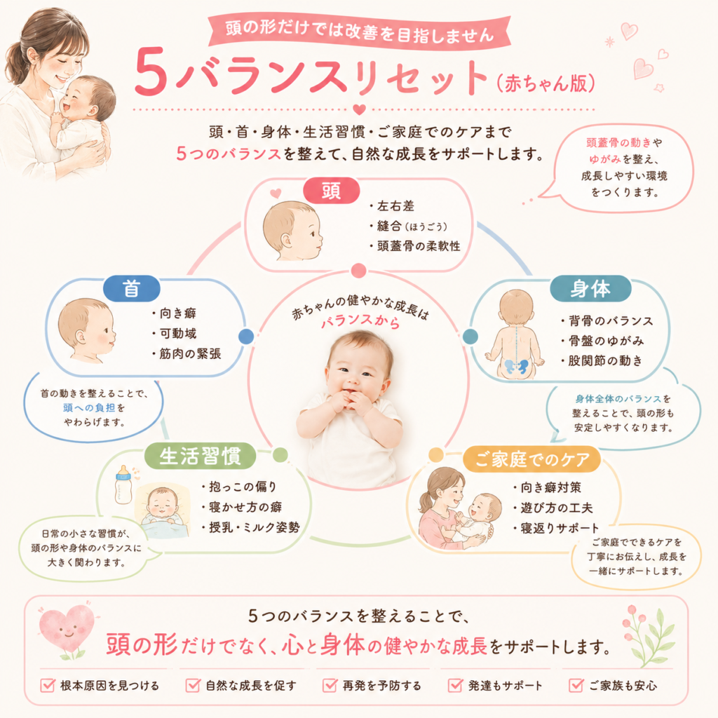 頭・首・身体・生活習慣・ご家庭でのケアの5つのバランスを整える独自の施術理論