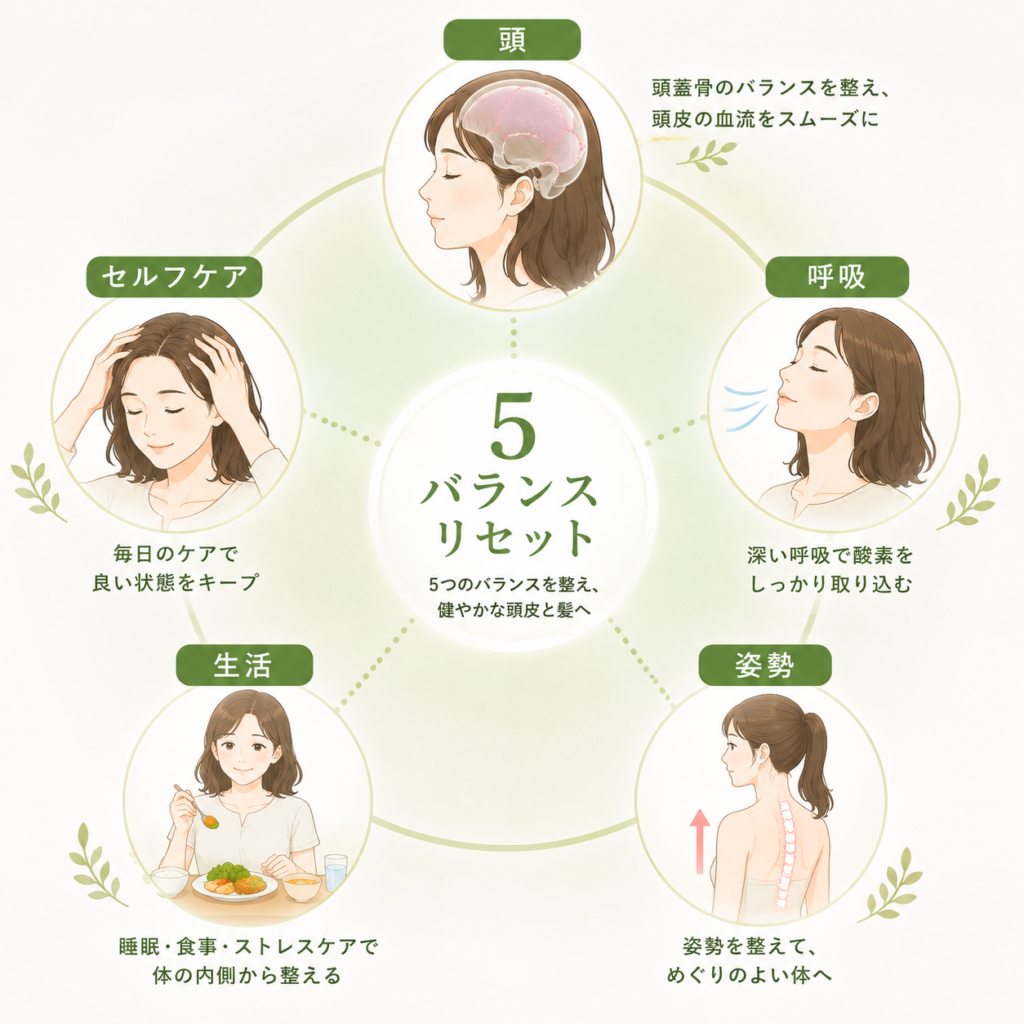 頭・呼吸・姿勢・生活・セルフケアの5つのバランスを整える「5バランスリセット」のイラスト。抜け毛・円形脱毛症ケア整体で身体全体から整える考え方を表した図。千葉市美浜区稲毛海岸駅前すこやかBB腰痛整体院。