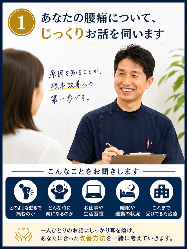患者様の腰痛や生活習慣について丁寧にカウンセリングを行う様子。千葉市美浜区・稲毛海岸のすこやかBB腰痛整体院。