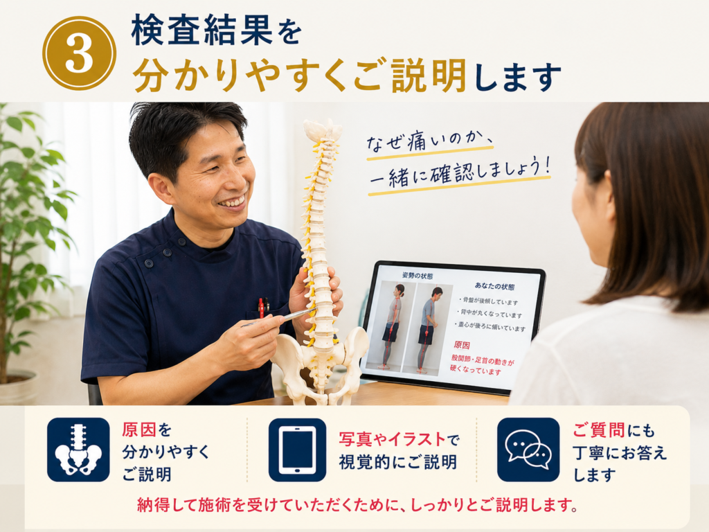 骨格模型や姿勢分析を使い、腰痛の原因や身体の状態を分かりやすく説明する千葉市美浜区・稲毛海岸のすこやかBB腰痛整体院。