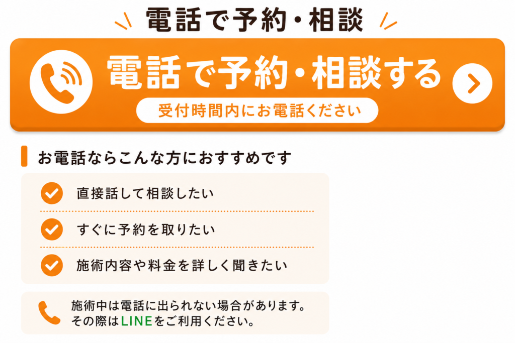 電話で予約や相談を希望する方向けの案内画像。電話予約ボタンと、電話がおすすめの方や受付方法について説明しています。